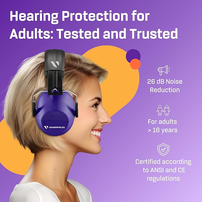Vanderfields - Hearing Protection Ear Muffs - Over 33 dB (2K Hz) Broad Noise Cancelling Sound Reduction - Adults & Teens