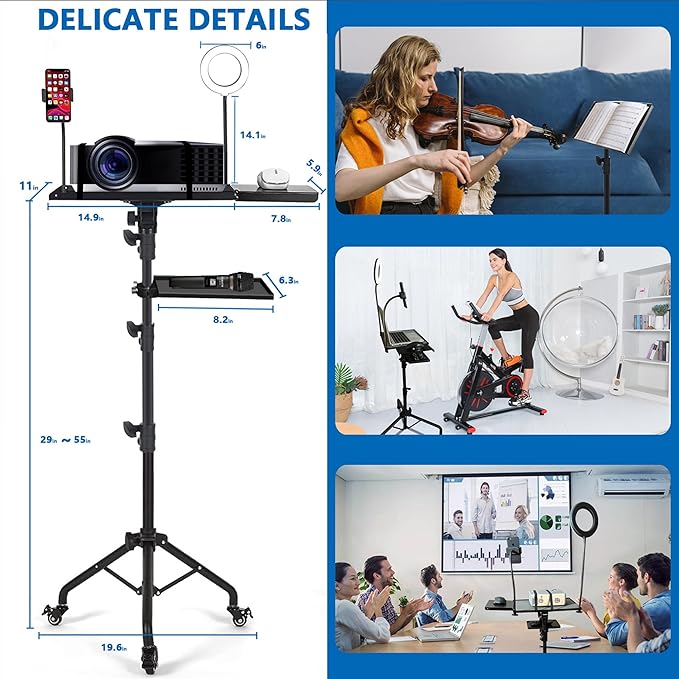 Projector Tripod Stand with Wheels Laptop Tripod Stand Projector Tripod Laptop Stand Floor Stand Live Stream stand Treadmill Stand Music Stand with 6" LED Ring Light for Online Meeting Recording