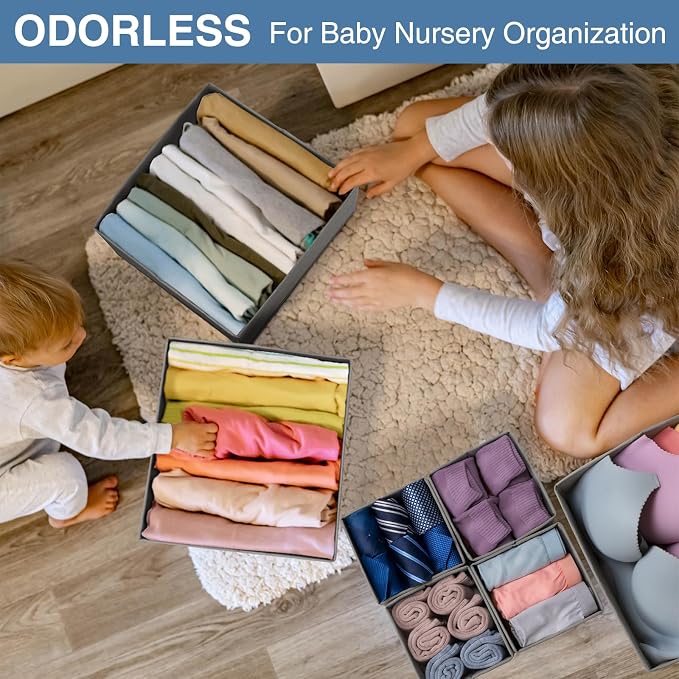Drawer Organizer Clothes 24 Pack, Fabric Closet Organizers and Storage Bins for Underwear Sock, Odorless Dresser Drawer Dividers for Baby Nursery Organization (Grey)