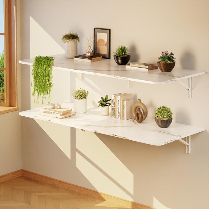 IAE Wall Mounted Floating Foldable Desk, 55" x 22" Folding Computer Workstation Table with Engineered Wood and Metal Shelf Brackets,Fold&Floating Design for Home Office, Apartment,Laundry Room,White