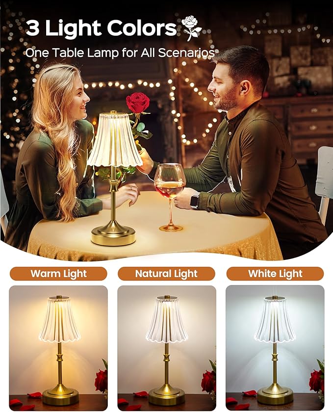 JACKYLED Vintage Cordless Table Lamp, Acrylic Crystal Flower Lamp Shade, 3 Colors Dimmable LED Golden Lamp, 5000Capactiy powerOperated Rechargeable Lamp for Kitchen Counter Home Decor