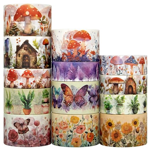 KOVANO Washi Tape Set 13 Rolls - Mushroom Butterfly Floral Decorative Tape for Scrapbooking Supplies, Junk Journal, DIY Crafts, Arts