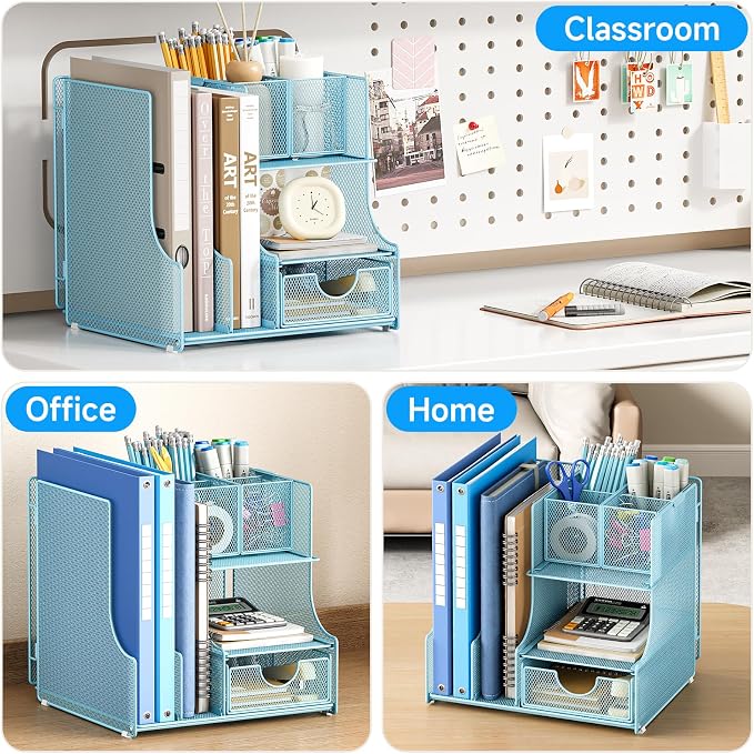 Lavatino Desk Organizer – 4-in-1 Blue Mesh Office Supplies Organizer with Pen Holder, File Holder, Desktop Tray, and Drawer for Home, Office, Classroom