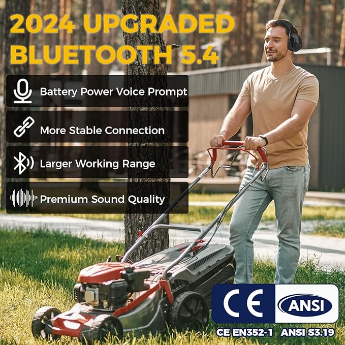 Gel Ear Pads Bluetooth 5.4 Hearing Protection Headphones, 30dB Noise Cancelling Headphones, 1200mAh Rechargeable Safety Earmuffs Bluetooth Ear Protection for Mowing