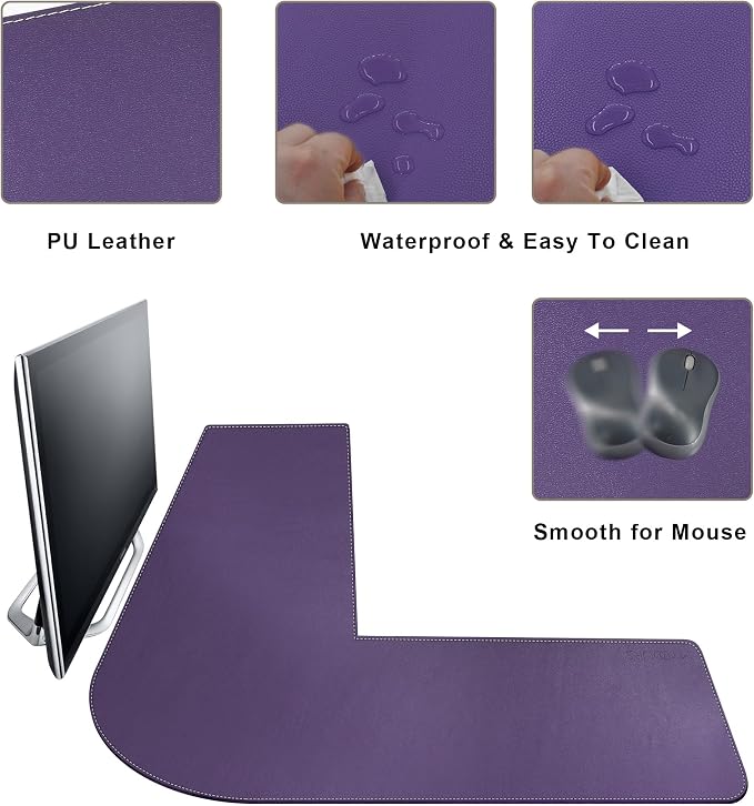 Mydours L Shaped Desk Mat, (38"+38) x 13" Large PU Leather Corner Desk Pad Blotter, XXL Large Waterproof Gaming Mouse Pad, L Shaped Mouse Pad for Computer Keyboard Home Office (Purple)