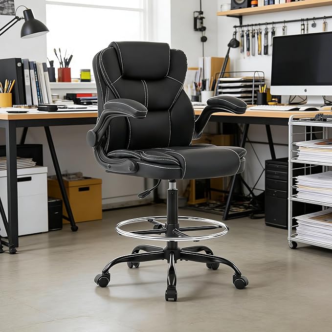 Drafting Chair Tall Office Chair for Standing Desk, 500lbs Heavy Duty Executive Chair with Flip-up Arms, 3D Contoured Leather Desk Chair with Adjustable Foot Ring & Height for Counter Height Desk