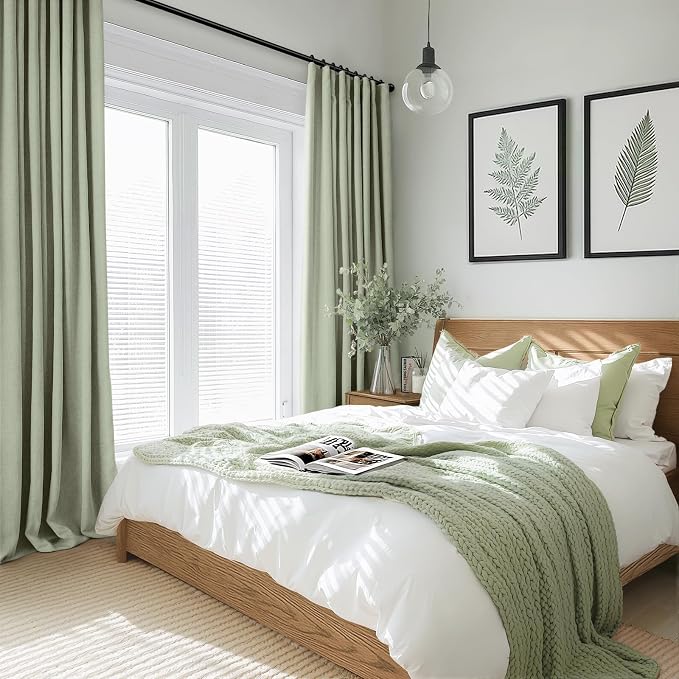 INOVADAY 100% Blackout Curtains for Bedroom, Sage Black Out Curtains 84 Inch Long, Clip Rings Linen Blackout Drapes, Thermal Insulated Room Darkening for Living Room, 1 Panel - W102xL84