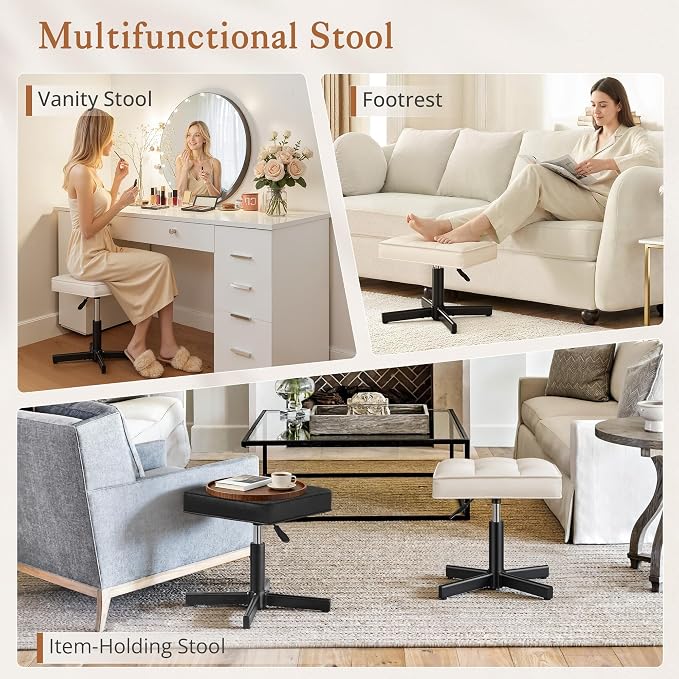 LUE BONA Adjustable Vanity Stool, 15''-19.5'' Foot Rest Under Desk, 360° Swivel Vanity Chair for Makeup Room, Cream Upholstered Faux Leather Ottoman for Bathroom & Living Room, 300lbs