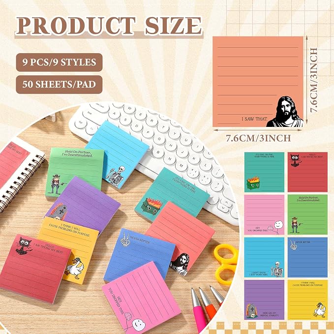 9 Pads Funny Sticky Notes 3x3 Inch Cute Self Stick Notepads Notes Adhesive Memo Pad Office Decor Gifts for Students School Teacher Meeting Office Supplies