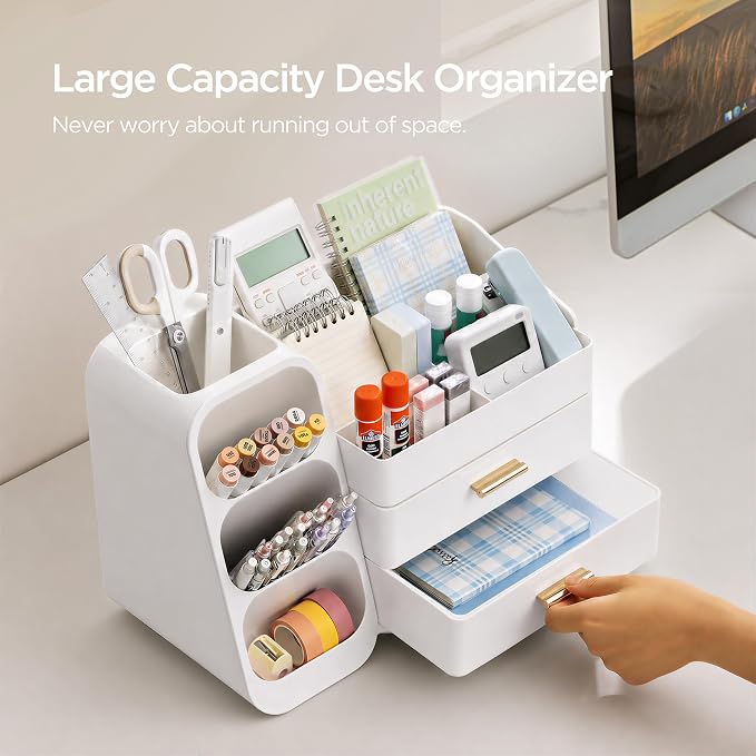 HBlife Desk Organizer with Pen Pencil Holder for Desk, Pen Organizer with 2 Drawers, Desk Organizers and Accessories with 4 Compartments, Desktop Storage for Office Home School Art Supplies, All White