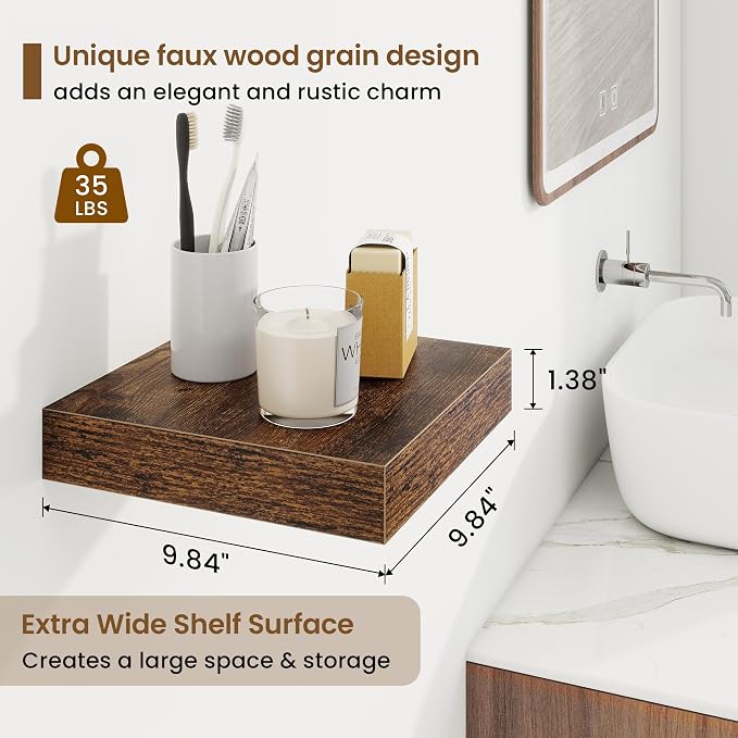 Square Floating Shelves for Wall, 10"W x 10"D x 1.25"H, 3 Packs Small Wall Mounted Engineered Wood Shelves with Invisible Brackets for Living Room, Bedroom, Bathroom, Kitchen Decor, Rustic Brown