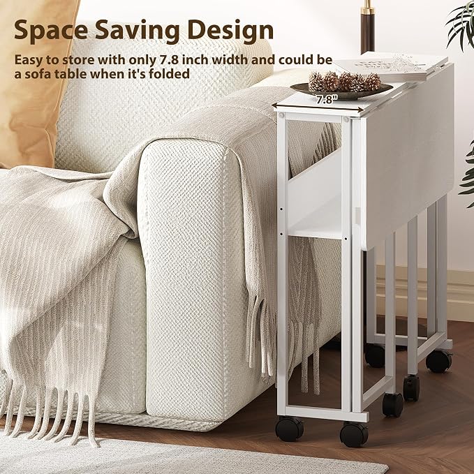 Garvee Folding Desk Small Rolling Desk with Storage Shelf,24.8 Inch Foldable Computer Table for Small Spaces, Space Saving Sofa Table with Wheels for Home Office, Study, Easy Assembly, White