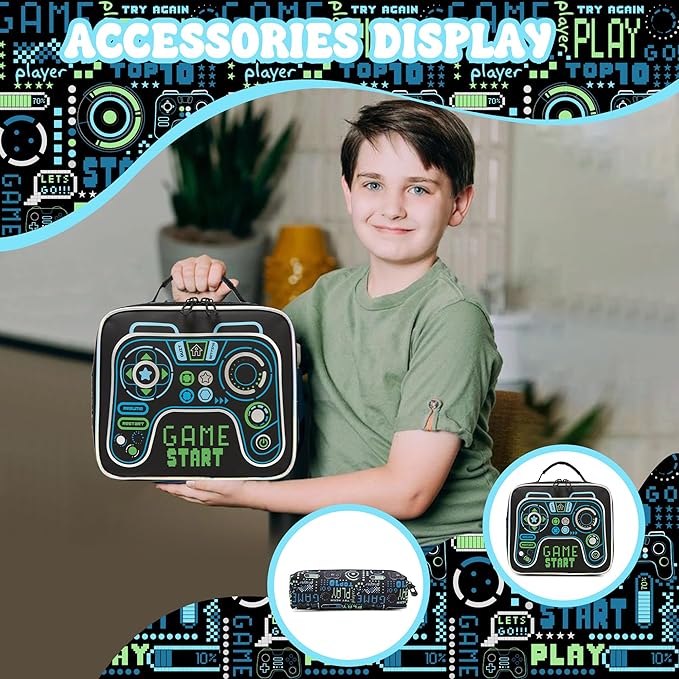 Game School Backpack for Boys Backpacks Ages 8-10 with Lunch Box Set Black Bookbag for Boys Backpack for Kids Backpacks Lightweight Elementary Back to School Supplies Kit