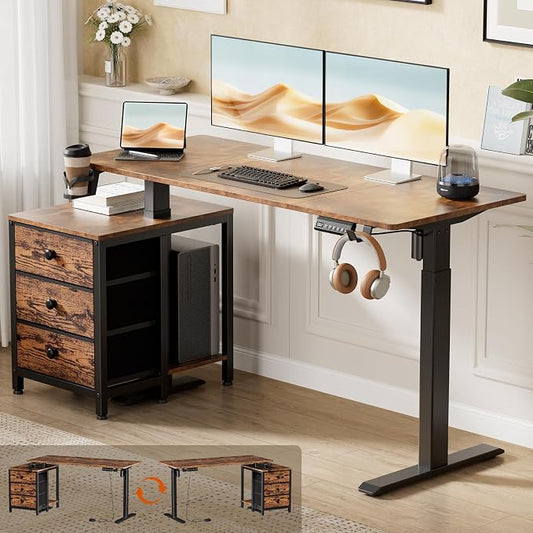 REAHOME 55 Inch Rustice Brown Height Adjustable Standing Desk with Drawers | Dual Motor Sit-Stand Frame With 3 Memory Presets, Printer Cabinet, Hooks & Cable Management For Home Office Gaming Desk