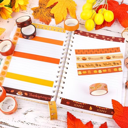 Fall Washi Tape Set 20 Rolls Autumn Washi Tape Autumn Thanksgiving Pumpkin Fall Leaves Decorative Tape for Seasonal Kids DIY Art Crafts Notebook Scrapbooking & Stamping Supplies