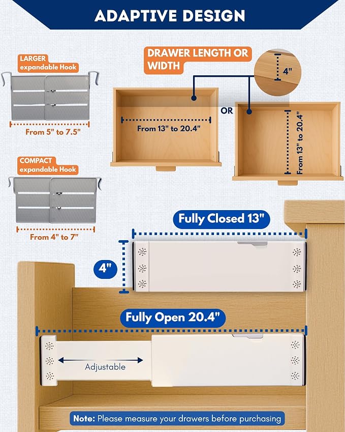 4 Pack Adjustable Drawer Dividers for Clothes with Scent Slots 4" High, 13-20.4" and 4 Adjustable Hooks, Expandable Dresser Drawer Dividers for Kitchen, Closet, Bathroom, Office