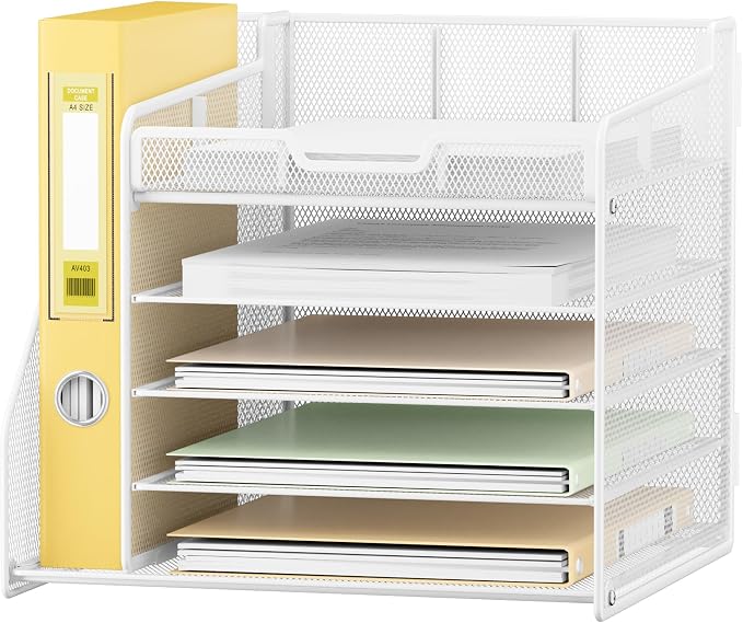 Lavatino Desk Organizer with File Holder, White 5-Tier Adjustable Paper Letter Tray for Office or Home Desk Organizers