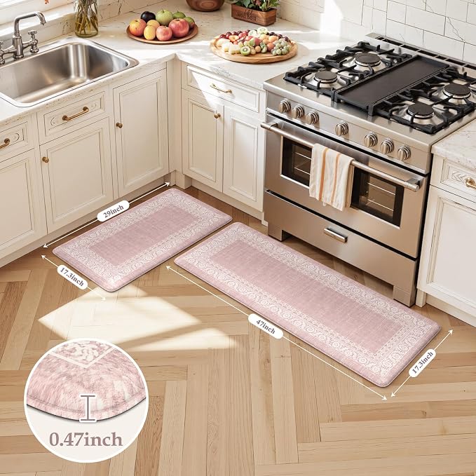 LEEVAN Anti Fatigue Kitchen Mats for Floor, Cushioned Kitchen Mat Set 2PCS | 17.3"x29"+17.3"x47", Boho Floral Pink Kitchen Rugs Non-Slip, Waterproof Ergonomic Standing Mats for Laundry, Office & Sink