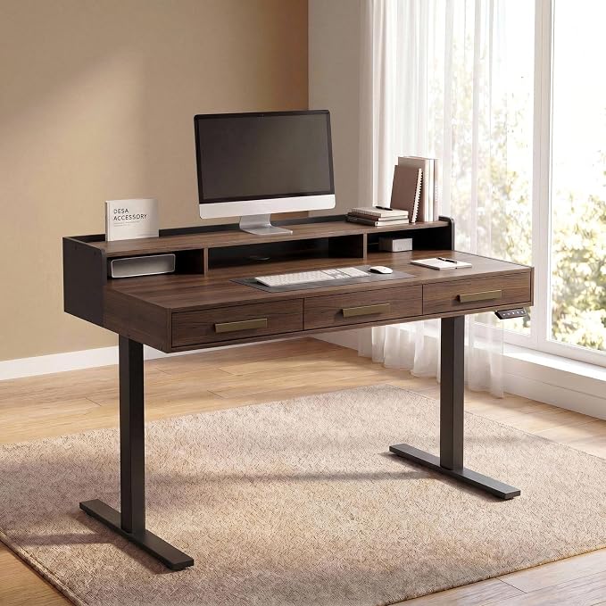 ModernMate 48" Electric Standing Desk with 3 Drawers & Monitor Shelf | Height Adjustable Sit Stand Desk, Home Office Computer Workstation with Storage for Small Space, Black Walnut
