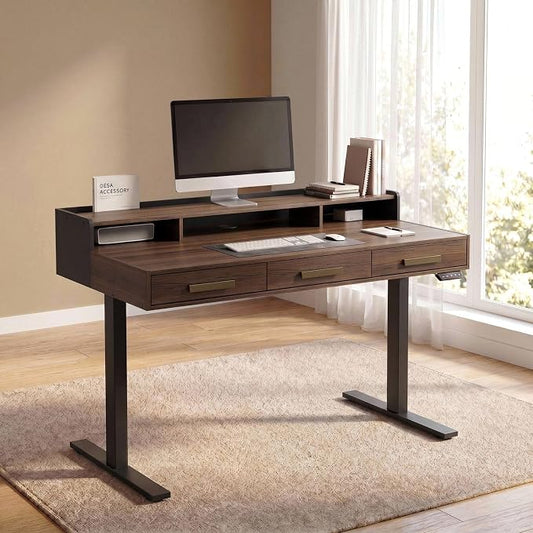 ModernMate 48" Electric Standing Desk with 3 Drawers & Monitor Shelf | Height Adjustable Sit Stand Desk, Home Office Computer Workstation with Storage for Small Space, Black Walnut