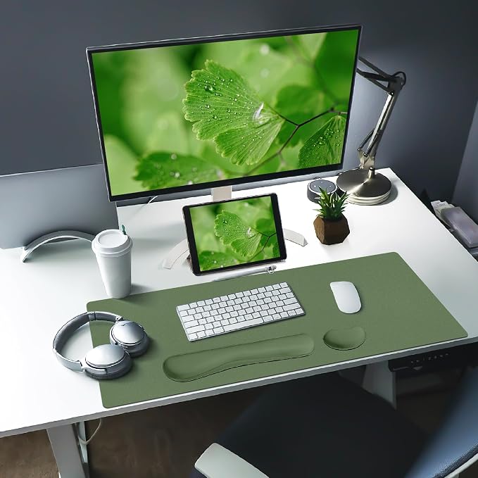 Bloss Leather Mouse Pad with Wrist Rest, Large Mousepad + Keyboard Pad, Non-Slip Desk Mat for Office, Home(27.6" x 13.8", Olive Green)