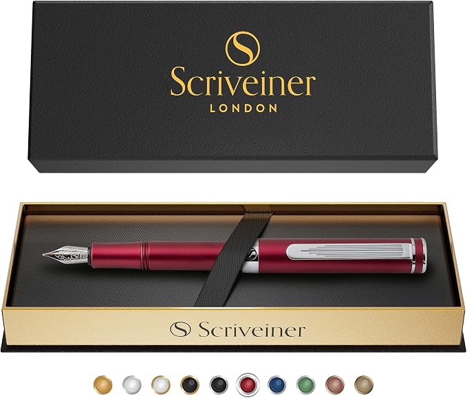 Scriveiner Luxury EDC Fountain Pen (Fine), Stunning Matt Red Pocket EDC with Chrome Finish, Schmidt German Nib, Converter, A Great Writing Gift Set for Men & Women, Nice Fancy Office Designer Pen