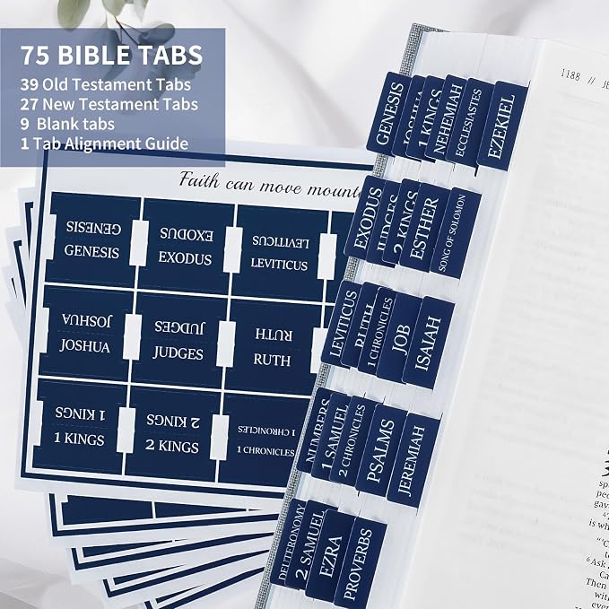 Bible Tabs for Women & Men, Bible Tabs for Study Bible, Large Print Bible Tabs for Easy Navigation, Bible Index Tabs, 66 Tabs Old & New Testament, Extra 9 Blank Tabs - Navy Blue