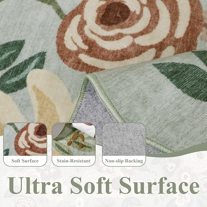 DUKINO 2.6x8 Runner Rug for Hallway, Washable Kitchen Rug with Non Slip Backing & Non-Shediing, Soft Low Pile Floral Design Runner for Bedroom, Kithchen, Living Room, Laundry, Bathroom, Sage Green