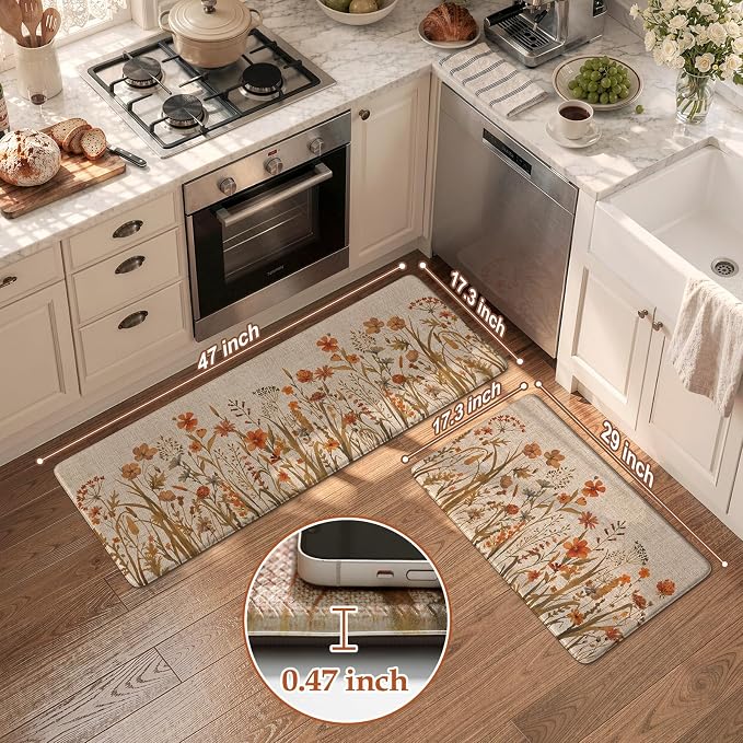KIMODE Fall Kitchen Mats Cushioned Anti Fatigue, Orange Farmhouse Kitchen Rugs Sets of 2, Non Slip Kitchen Mats for Floor, Padded Kitchen Floor Mats for Sink Laundry Office Desk 17"x47"+17"x29"