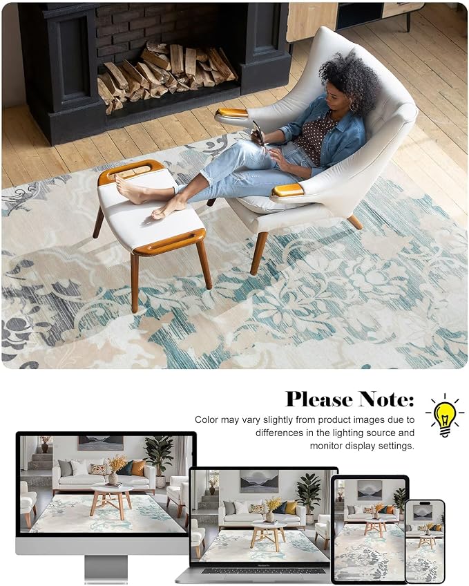 Macgace Washable Abstract Rug, 4x6 Ivory and Aqua Floral Area Rugs with Non-Slip Rubber Backed for Bedroom, Low Pile Modern Throw Carpet Kitchen Living Room Decor