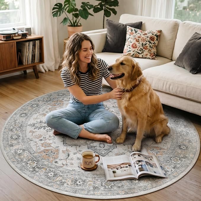 Office Chair Mat for Hardwood Tile Floor, Under Desk Carpet Protector for Rolling Computer Chair Mat, Round Washable Rugs 4ft Circle Area Rug, Anti-Slip 1/5" Thick Low Pile Thin Floor Mat, Taupe