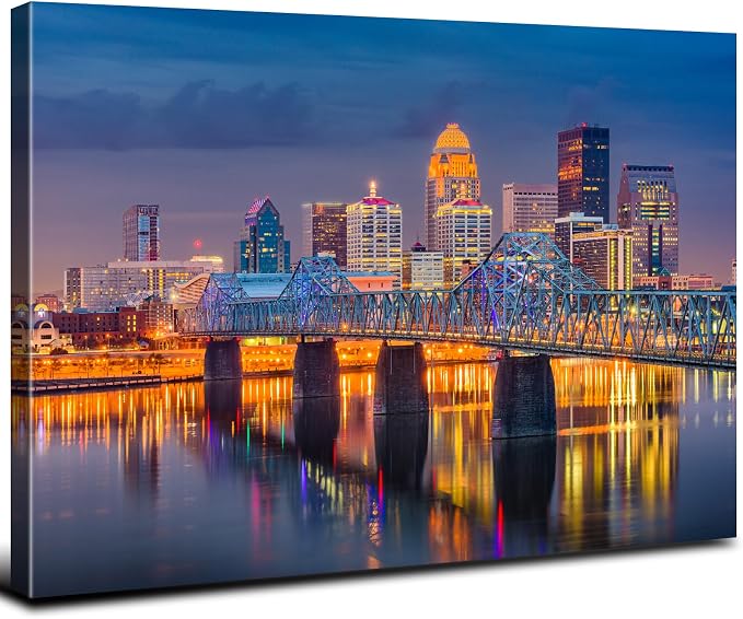 Large USA Downtown Colorful Night Cityscape Canvas Wall Art Louisville Kentucky Build Scenery Pictures Wall Decor Bathroom Modern Bridge Landscape Poster Prints Painting Artwork Home Decoration 32x48"