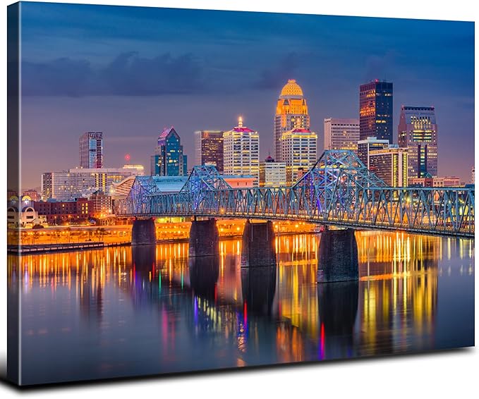 Modern USA Cityscape Canvas Wall Art for Bedroom Downtown Louisville in Kentucky Night Scenery Wall Decor Dining Room 16X24" Colorful Lights Building Skyline Panoramic Artwork Bathroom Home Decoration
