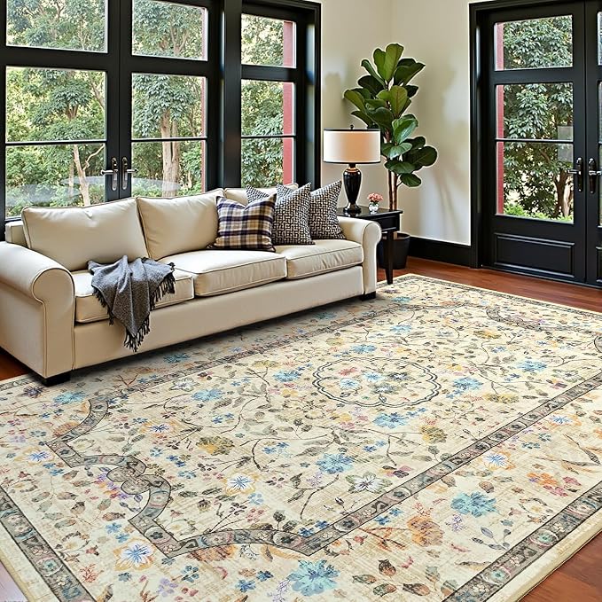 Vasofe 3x5 Area Rug for Bedroom, Washable Rugs for Living Room, Laundry, Kitchen, Vintage Floral Indoor Non Slip Carpet Farmhouse Beige Throw Carpets Soft Low Pile Mat for Dorm Bedside Entryway