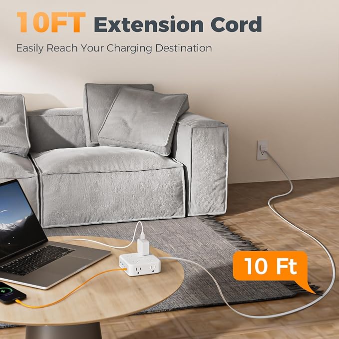 TESSAN Dual Surge Protector Power Strip, 10 Ft Extension Cord Flat Wall Plug with 4 USB (2 USB C) 8 Outlets, 2100J Surge Protection, 20W Multiple Charging Station for Home, Office, Dorm Room, Grey