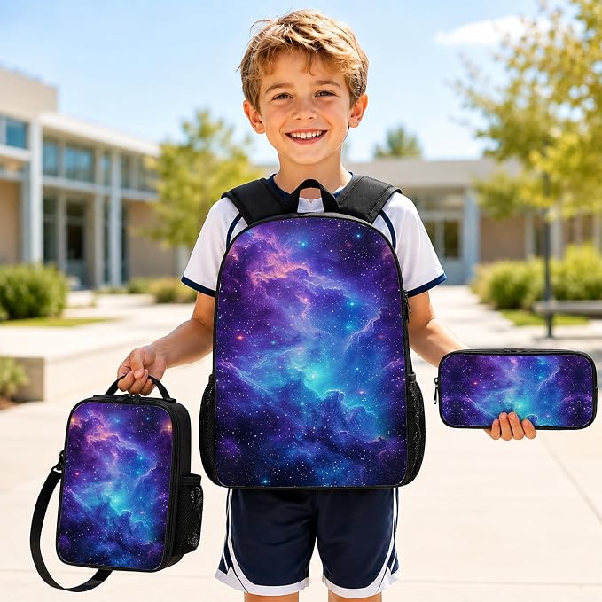 3PCS Galaxy Print Backpack for Boys Girls Teens, School Backpack with Lunch Box Pencil Case for Elementary Middle High Students, 17 Inch Lightweight Bookpack 3 in 1 Set Back to Shool Gifts for Kids