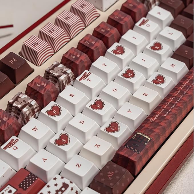 145 Keys Velvet Chocolate Keycaps, Dye-Sublimation PBT Custom Keycap Set for Cherry Profile, Cute Dark Red White Keycap for MX Switches Mechanical Gaming Keyboard