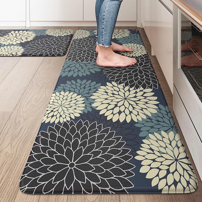 KIMODE Anti Fatigue Mats for Kitchen Floor Comfort Cushioned Rugs Sets of 2 | 20"x32"+20"x47",Blue,Floral Farmhouse, Waterproof,Ergonomic Standing Mat 2PCS,,Non Slip,Kitchen Sink Rug,Laundry Office