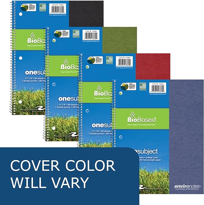 Roaring Spring Environotes Recycled Spiral Notebook, 1 Subject, 24 Pack, 11" x 9", 80 Perforated Sheets, 20 lb Bio-Based Paper, College Ruled w/ Margin, Assorted Earthtone Covers, Double Pocket, Made in USA