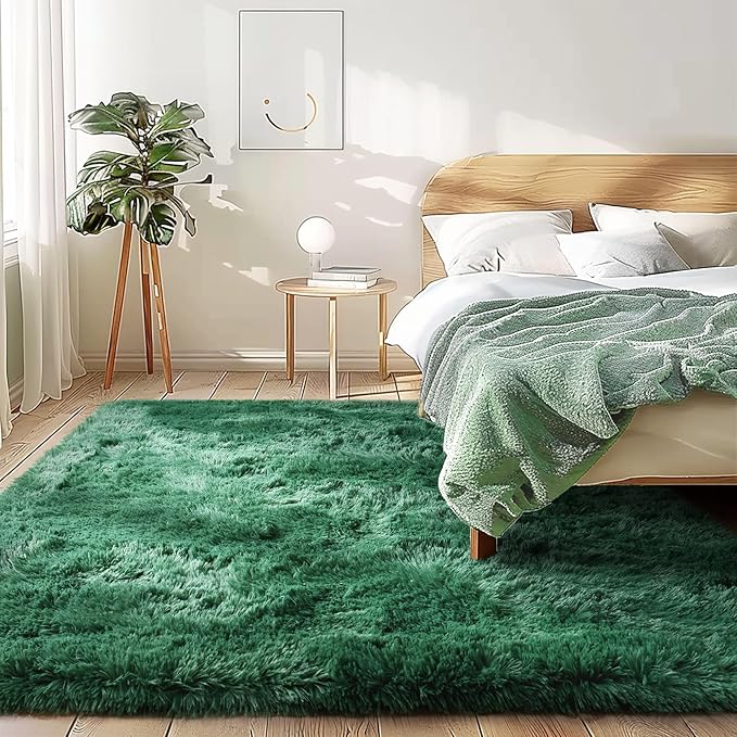 Awaytail Fluffy Rug Non Slip 6x9 Feet, Black Green Large Rugs for Living Room Floor Moss Emerald Shaggy Carpet for Bedroom
