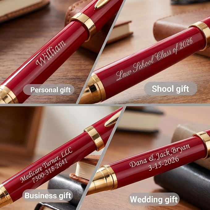 Ancolo Engraved Pens Fancy Roller Pens with 5 Gfit Box 10 extra Black Refills Metal Body Engraved with Your Message Personal Names Phone Number, Gift for Men Women