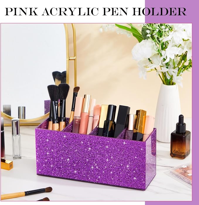 Jetec Acrylic Glitter Pen Holder 4 Compartments Bling Makeup Brush Stationery Organizer Pencil Holder for Desk Accessories Sparkly Gifts for Women Birthday Valentines Desktop Workplace Office(Purple)