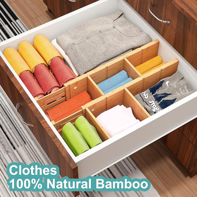 4.4" High Bamboo Drawer Dividers with Inserts, Kitchen Adjustable Drawer Organizers, Expandable Organization for Home, Office, Dressers, and Bathroom, 4 Divider with 8 Insert