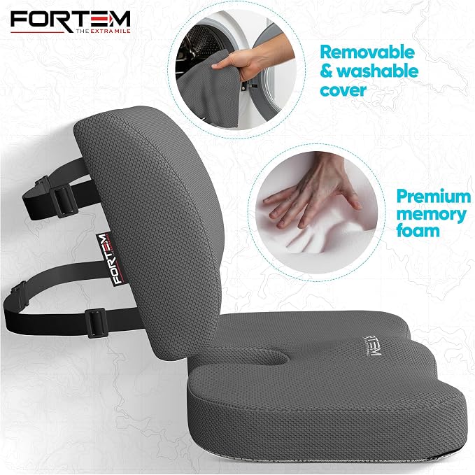 FORTEM Seat Cushion, Office Chair Cushion, Lumbar Support Pillow for Office Chair, Memory Foam Car Seat Cushions, Sciatica Coccyx Tailbone Pain Relief, Cushions for Back Support, Washable, Non Slip XL