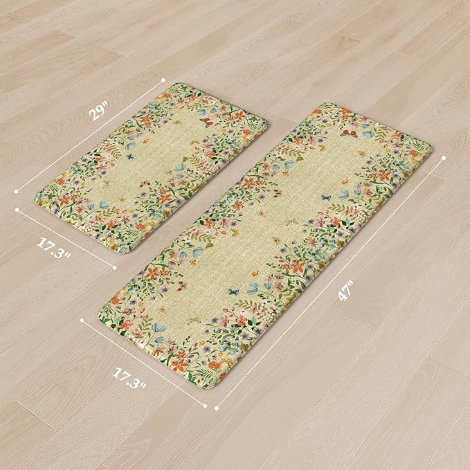 KIMODE Anti Fatigue Mats for Kitchen Floor 17"x47"+17"x29", Brown Butterfly Floral Kitchen Rugs Sets of 2, Cushioned Kitchen Floor Mats, Non Slip Standing Mat for Sink Laundry Office Desk