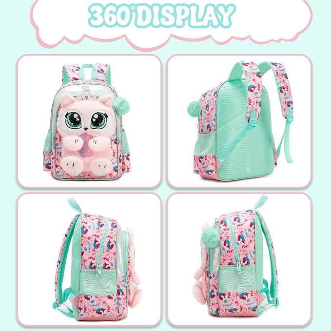 Meetbelify Kids Backpacks for Girls School Backpack with Lunch Bag Pencil Case for Elementary Student 3D Cute Carton Plush Kids Travel School Bag for Girls Ages 6-8 Years Old Pink