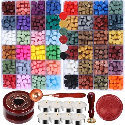 Wax Seal Stamp Kit, ONWINPOR 1248 Pcs Sealing Wax Beads in 48 Colors with Melting Warmer, Spoon, Tea Candles, Tree Sealing Stamp Set for Wedding Invitation, Letter Sealings and DIY Craft