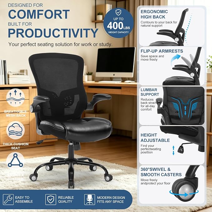 PU Leather Mesh Ergonomic Office Chair with Adjustable Arms Lumbar Support | Adjustable Height High Back Mesh Support with Flip up Armrests, Swivel Task Chairs for Home Office Computer 400BLS