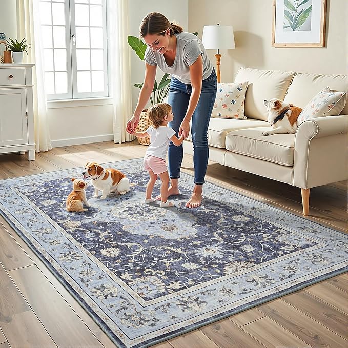Vasofe 5x7 Rugs for Living Room, Machine Washable Rugs, Vintage Area Rug, Non-Slip Backing, Water Repellent, Low Pile Easy Care Throw Rugs for Bedroom Dining Room, Navy Blue
