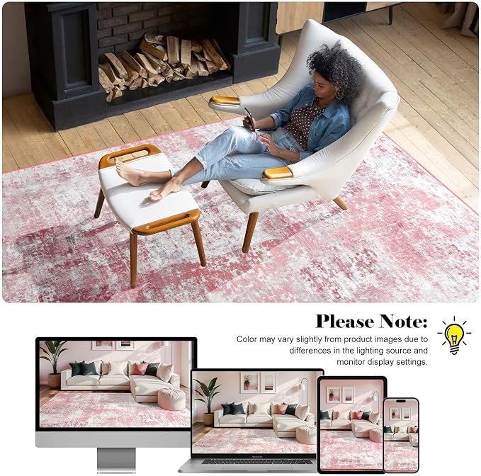 Macgace Washable Abstract Rug, 8x10 Modern Area Rugs with Non-Slip Rubber Backed for Living Room, Thin but Soft Contemporary Carpet Kitchen Bedroom Dining Room Decor, Pink